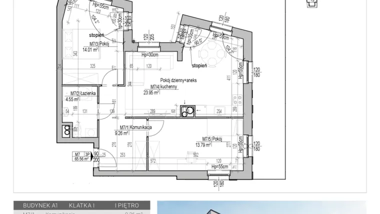 Rzut - Mieszkanie na sprzedaż 3 pokoje o powierzchni 65,56 m² - numer 7 w Aleja