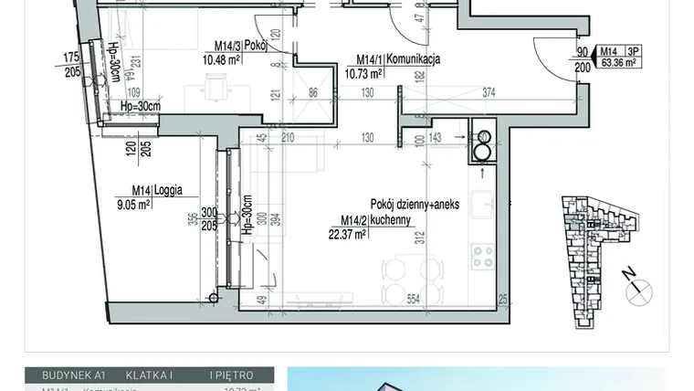 Rzut - Mieszkanie na sprzedaż 3 pokoje o powierzchni 63,36 m² - numer 14 w Aleja