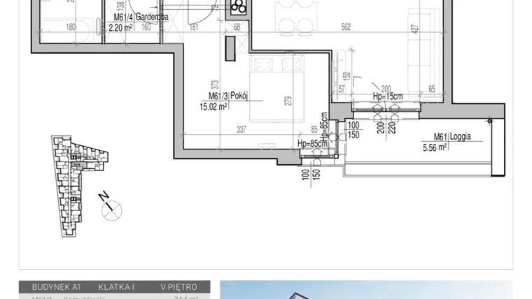 Rzut - Mieszkanie na sprzedaż 2 pokoje o powierzchni 53,87 m² - numer 61 w Aleja