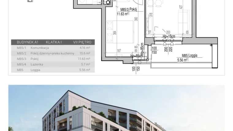 Rzut - Mieszkanie na sprzedaż 2 pokoje o powierzchni 37,09 m² - numer 85 w Aleja