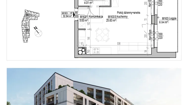 Rzut - Mieszkanie na sprzedaż 1 pokój o powierzchni 32,84 m² - numer 163 w Aleja