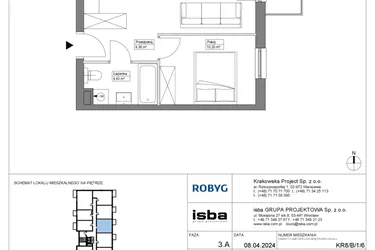 Rzut - Mieszkanie na sprzedaż 2 pokoje o powierzchni 39,03 m² - numer KR8/B/1/6 w Apartamenty Krakowska etap VIII