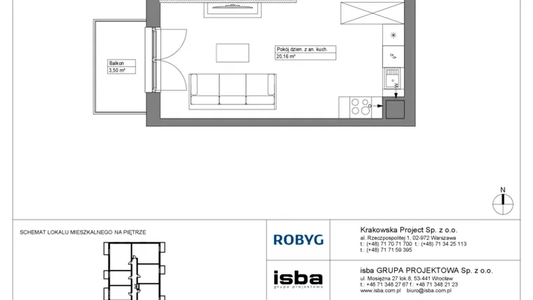 Rzut - Mieszkanie na sprzedaż 2 pokoje o powierzchni 40,57 m² - numer KR8/C/1/3 w Apartamenty Krakowska etap VIII