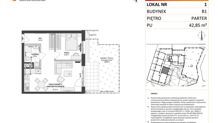 Rzut - Mieszkanie na sprzedaż 2 pokoje o powierzchni 42,85 m² - numer 1 w Leśna Góra