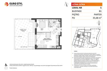Rzut - Mieszkanie na sprzedaż 2 pokoje o powierzchni 35,68 m² - numer 5 w Leśna Góra