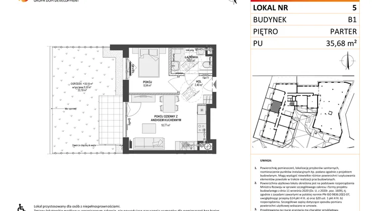 Rzut - Mieszkanie na sprzedaż 2 pokoje o powierzchni 35,68 m² - numer 5 w Leśna Góra