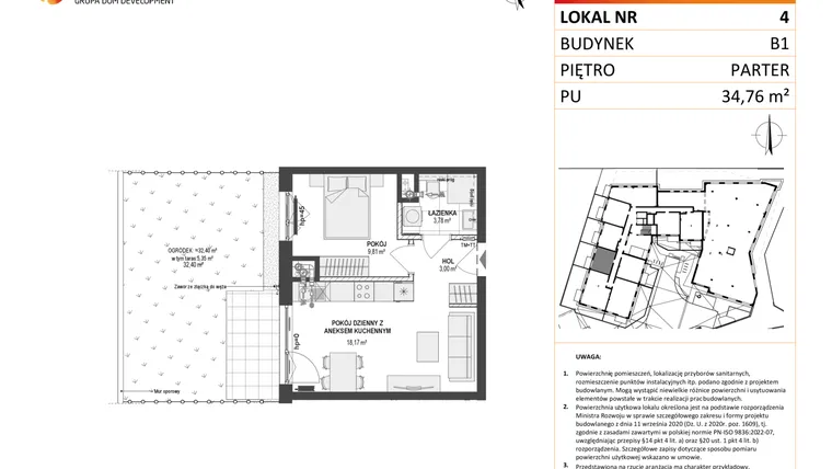 Rzut - Mieszkanie na sprzedaż 2 pokoje o powierzchni 34,76 m² - numer 4 w Leśna Góra