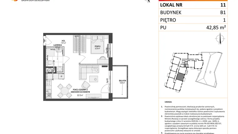 Rzut - Mieszkanie na sprzedaż 2 pokoje o powierzchni 42,85 m² - numer 11 w Leśna Góra