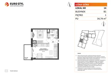 Rzut - Mieszkanie na sprzedaż 2 pokoje o powierzchni 34,74 m² - numer 14 w Leśna Góra