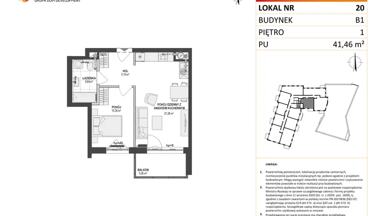 Rzut - Mieszkanie na sprzedaż 2 pokoje o powierzchni 41,42 m² - numer 20 w Leśna Góra