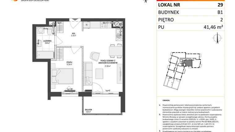 Rzut - Mieszkanie na sprzedaż 2 pokoje o powierzchni 41,42 m² - numer 29 w Leśna Góra