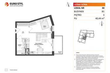 Rzut - Mieszkanie na sprzedaż 2 pokoje o powierzchni 40,44 m² - numer 30 w Leśna Góra