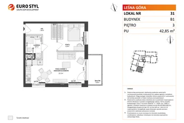 Rzut - Mieszkanie na sprzedaż 2 pokoje o powierzchni 42,85 m² - numer 31 w Leśna Góra