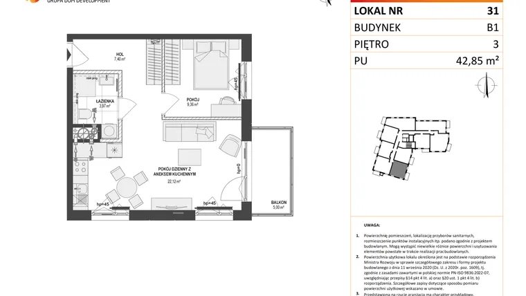 Rzut - Mieszkanie na sprzedaż 2 pokoje o powierzchni 42,85 m² - numer 31 w Leśna Góra