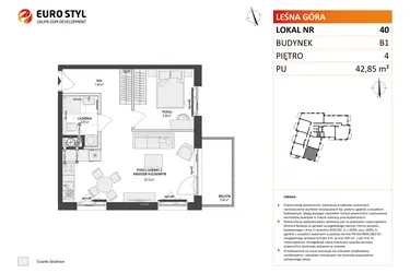 Rzut - Mieszkanie na sprzedaż 2 pokoje o powierzchni 42,85 m² - numer 40 w Leśna Góra