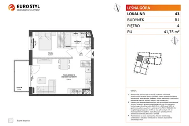 Rzut - Mieszkanie na sprzedaż 2 pokoje o powierzchni 41,75 m² - numer 43 w Leśna Góra