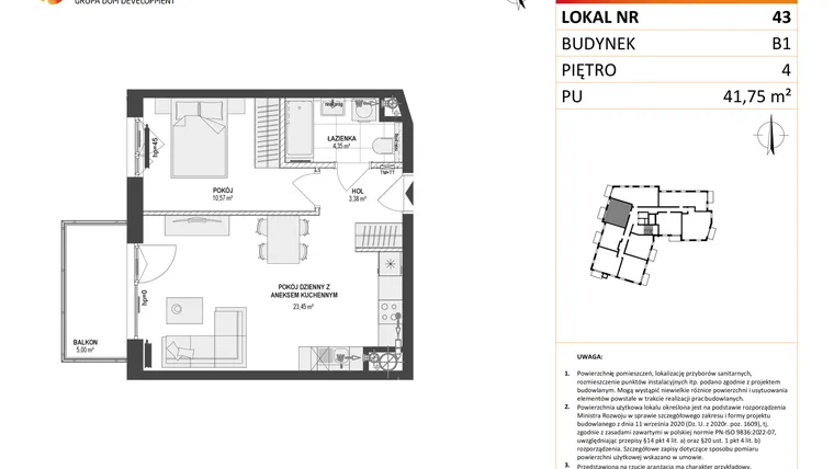 Rzut - Mieszkanie na sprzedaż 2 pokoje o powierzchni 41,75 m² - numer 43 w Leśna Góra