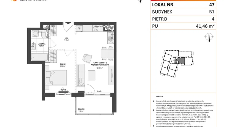 Rzut - Mieszkanie na sprzedaż 2 pokoje o powierzchni 41,42 m² - numer 47 w Leśna Góra