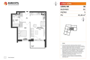 Rzut - Mieszkanie na sprzedaż 2 pokoje o powierzchni 41,42 m² - numer 56 w Leśna Góra