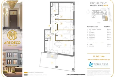 Rzut - Mieszkanie na sprzedaż 4 pokoje o powierzchni 94,64 m² - numer M03 w Art Deco Mokotów Pola
