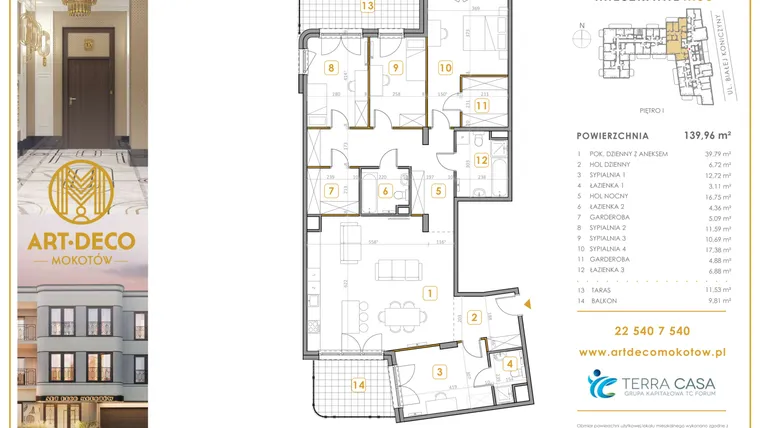 Rzut - Mieszkanie na sprzedaż 5 pokoi o powierzchni 139,96 m² - numer M05 w Art Deco Mokotów Pola
