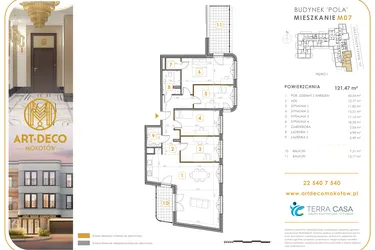 Rzut - Mieszkanie na sprzedaż 5 pokoi o powierzchni 121,47 m² - numer M07 w Art Deco Mokotów Pola