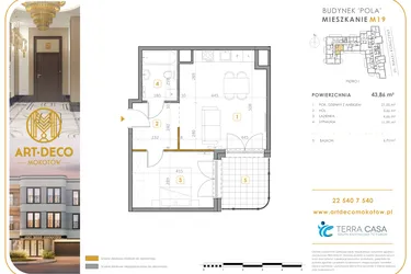 Rzut - Mieszkanie na sprzedaż 2 pokoje o powierzchni 43,86 m² - numer M19 w Art Deco Mokotów Pola