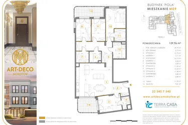 Rzut - Mieszkanie na sprzedaż 5 pokoi o powierzchni 139,96 m² - numer M09 w Art Deco Mokotów Pola