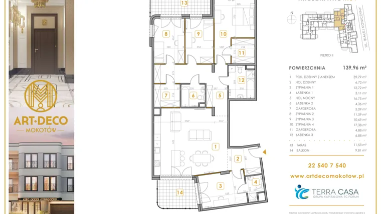 Rzut - Mieszkanie na sprzedaż 5 pokoi o powierzchni 139,96 m² - numer M09 w Art Deco Mokotów Pola