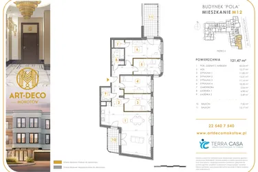 Rzut - Mieszkanie na sprzedaż 5 pokoi o powierzchni 121,47 m² - numer M12 w Art Deco Mokotów Pola