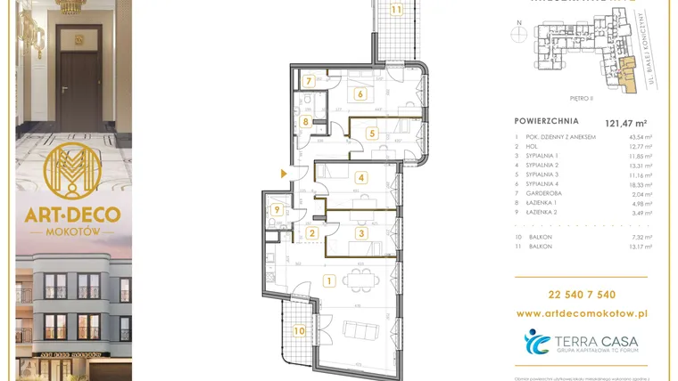 Rzut - Mieszkanie na sprzedaż 5 pokoi o powierzchni 121,47 m² - numer M12 w Art Deco Mokotów Pola