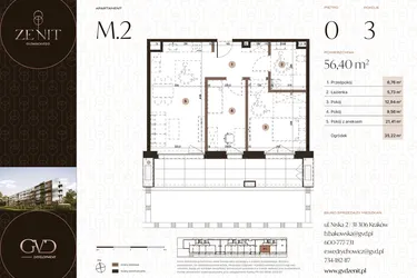 Rzut - Mieszkanie na sprzedaż 3 pokoje o powierzchni 56,4 m² - numer M2 w Zenit Głowackiego
