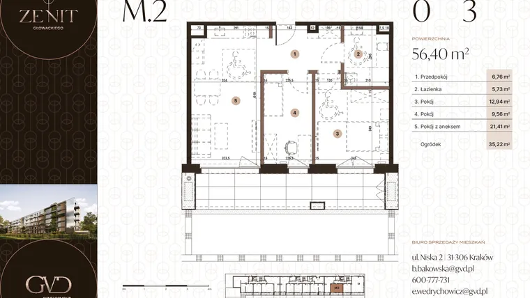 Rzut - Mieszkanie na sprzedaż 3 pokoje o powierzchni 56,4 m² - numer M2 w Zenit Głowackiego