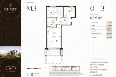 Rzut - Mieszkanie na sprzedaż 3 pokoje o powierzchni 62,95 m² - numer M3 w Zenit Głowackiego