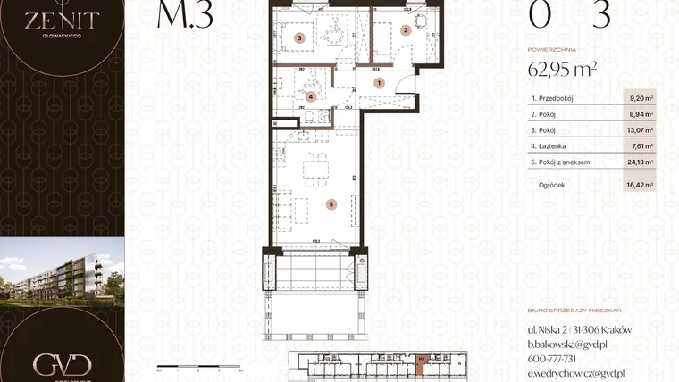 Rzut - Mieszkanie na sprzedaż 3 pokoje o powierzchni 62,95 m² - numer M3 w Zenit Głowackiego