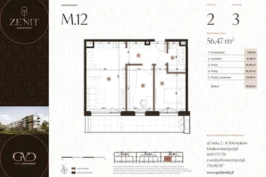 Rzut - Mieszkanie na sprzedaż 3 pokoje o powierzchni 56,47 m² - numer M12 w Zenit Głowackiego
