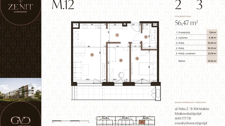 Rzut - Mieszkanie na sprzedaż 3 pokoje o powierzchni 56,47 m² - numer M12 w Zenit Głowackiego