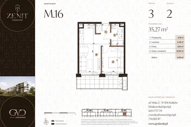 Rzut - Mieszkanie na sprzedaż 2 pokoje o powierzchni 35,27 m² - numer M16 w Zenit Głowackiego