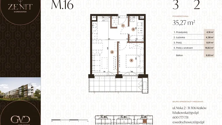 Rzut - Mieszkanie na sprzedaż 2 pokoje o powierzchni 35,27 m² - numer M16 w Zenit Głowackiego