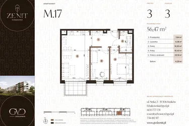 Rzut - Mieszkanie na sprzedaż 3 pokoje o powierzchni 56,47 m² - numer M17 w Zenit Głowackiego