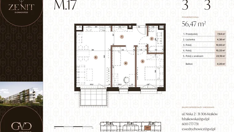 Rzut - Mieszkanie na sprzedaż 3 pokoje o powierzchni 56,47 m² - numer M17 w Zenit Głowackiego