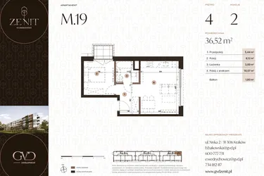 Rzut - Mieszkanie na sprzedaż 2 pokoje o powierzchni 36,52 m² - numer M19 w Zenit Głowackiego