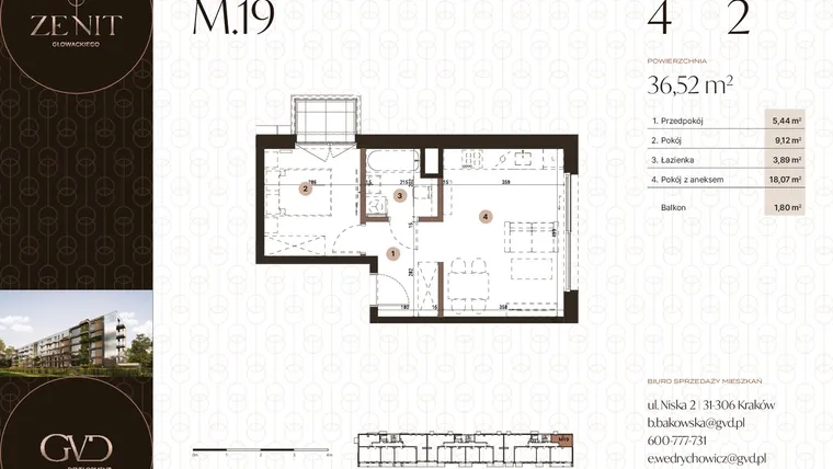 Rzut - Mieszkanie na sprzedaż 2 pokoje o powierzchni 36,52 m² - numer M19 w Zenit Głowackiego