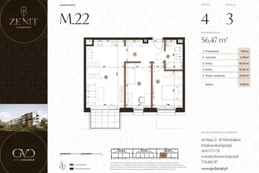 Rzut - Mieszkanie na sprzedaż 3 pokoje o powierzchni 56,47 m² - numer M22 w Zenit Głowackiego