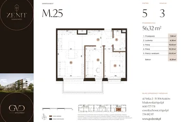 Rzut - Mieszkanie na sprzedaż 3 pokoje o powierzchni 56,32 m² - numer M25 w Zenit Głowackiego