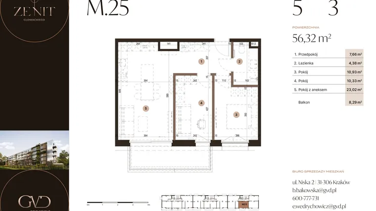 Rzut - Mieszkanie na sprzedaż 3 pokoje o powierzchni 56,32 m² - numer M25 w Zenit Głowackiego