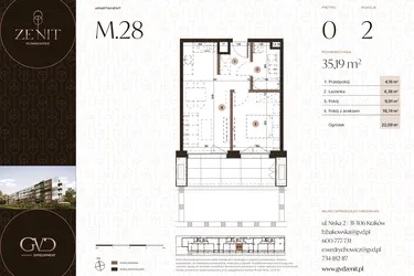 Rzut - Mieszkanie na sprzedaż 2 pokoje o powierzchni 35,19 m² - numer M28 w Zenit Głowackiego