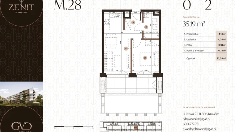 Rzut - Mieszkanie na sprzedaż 2 pokoje o powierzchni 35,19 m² - numer M28 w Zenit Głowackiego