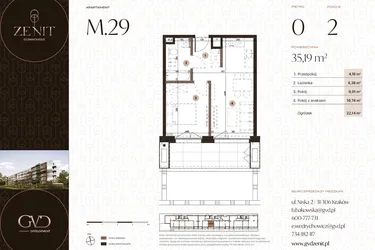 Rzut - Mieszkanie na sprzedaż 2 pokoje o powierzchni 35,19 m² - numer M29 w Zenit Głowackiego