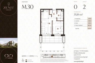 Rzut - Mieszkanie na sprzedaż 2 pokoje o powierzchni 35,19 m² - numer M30 w Zenit Głowackiego